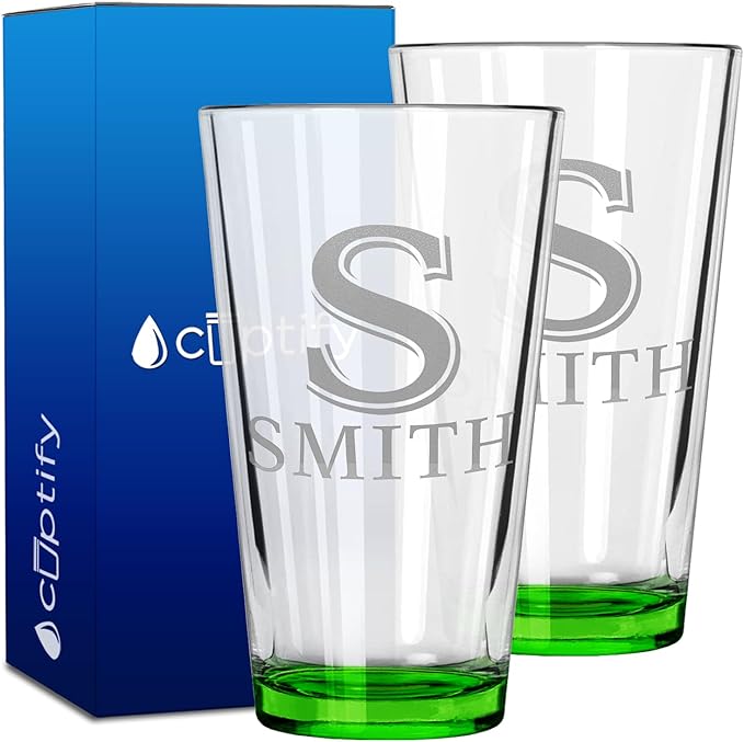 Personalized Beer Glasses Set of 2 Engraved Green 16oz Pint Glasses for Men & Women, Custom Drinking Gift for Birthdays, Weddings, Father’s Day & More