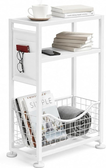 Skinny Side Table with Storage, 3 Tier Slim Side Tables for Small Spaces, Skinny End Table Narrow Bedside Table Narrow Side Table for Living Room, Bedroom