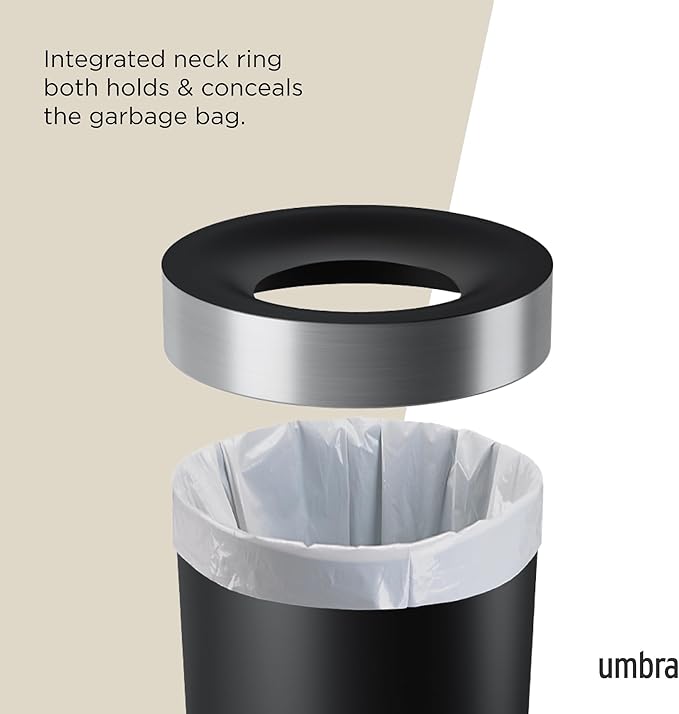 Umbra Vento Kitchen Trash Can with Open Top, Large 16-Gallon (62 L) Capacity, Black/Nickel