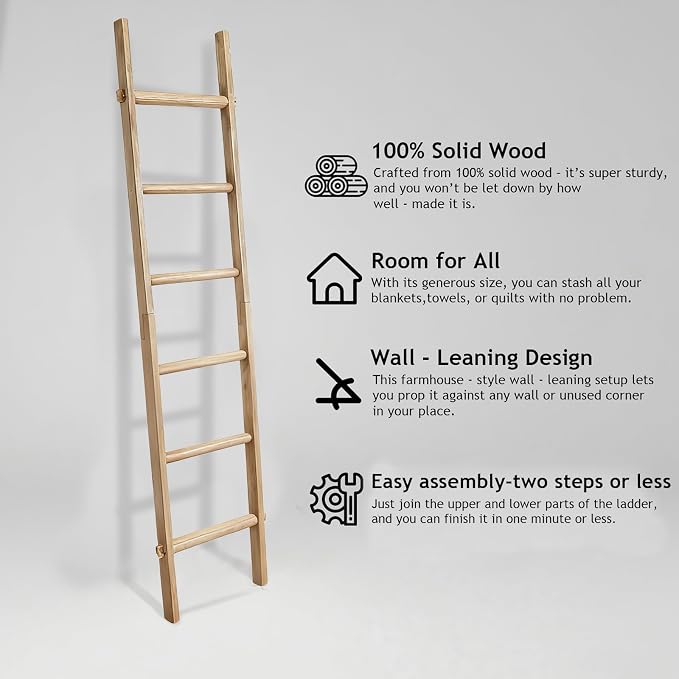 Wooden Blanket Ladder - Natural & Motley Wood - Leaning Wall Decor for Bedroom, Bathroom, Living Room - Rustic Quilt Holder & Towel Rack (Brown, 76in（6-Tier）)