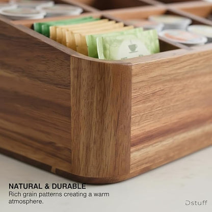 Dstuff Acacia Wood Coffee Station Organizer for Countertop, Tea Organizer and Holder, Coffee Bar Caddy with Multiple Compartments for Home and Office Decor
