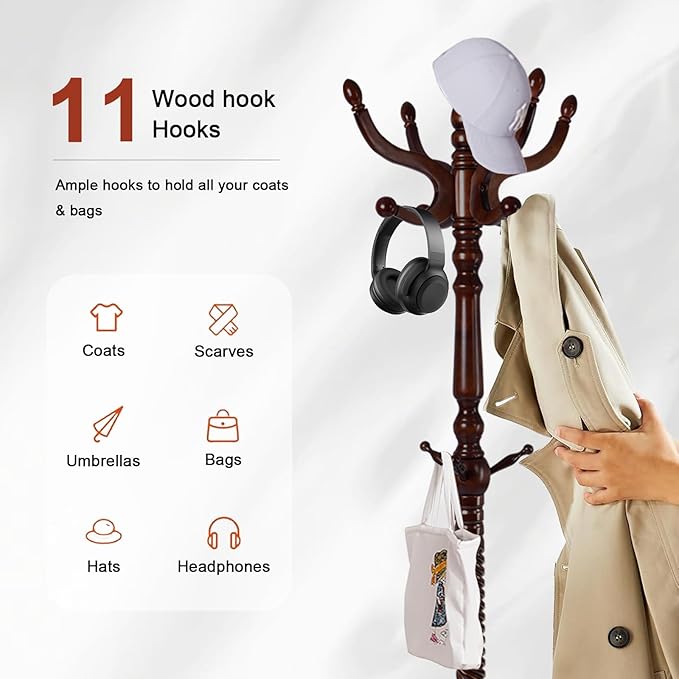 Wooden Coat rack freestanding, Coat racks stand with 11 Hook, Heavy duty coat tree standing 2 Adjustable Heights for Bedroom, Entryway, Hallway, Office,Stury Base (Brown triangle)