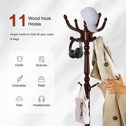 Wooden Coat rack freestanding, Coat racks stand with 11 Hook, Heavy duty coat tree standing 2 Adjustable Heights for Bedroom, Entryway, Hallway, Office,Stury Base (Brown triangle)