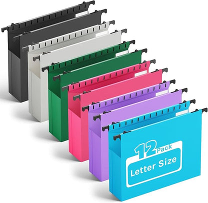 Plastic Hanging File Folder Letter Size,Heavy Duty 2" Expandable File Folder with Tabs,12 Pack Reinforced Expanding Hanging Folder,File Cabinet Folders,Extra Capacity,Hanging Organizer for Home Office