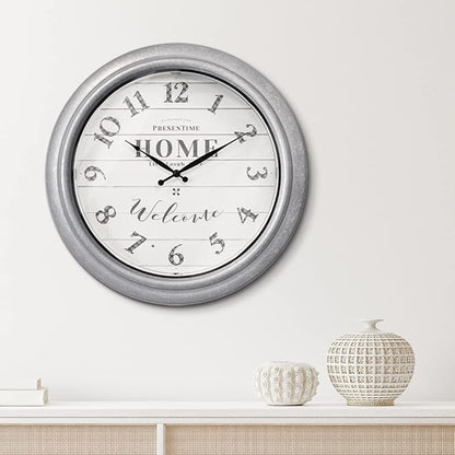 Presentime & Co 18" Vienna Modern Farmhouse Luminous Indoor/Outdoor Clock, Shiplap Style, Galvanized Silver Finish, Night Light with Smart Sensor, Wall Decoration, Outdoor Lights & Decoration.