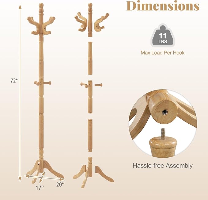 Tangkula Coat Rack Freestanding, Solid Rubber Wood Coat Tree with 11 Hooks and 3 Height Options for Coats, Hats, Bags, Purses, Clothes, Hanger Stand for Entryway Hallway Bedroom Office (Natural)