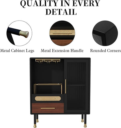 ARTPOWER Modern Coffee Bar Cabinet with Wine Glass Rack and Drawers, Black Liquor Cabinet with Pull-Out Wine Storage for Kitchen, Dining Room, Living Room