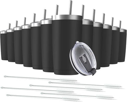 12 pack 20 oz Stainless Steel Insulated Tumbler with Straw and Lid, Double Wall Travel Coffee Mug Vacuum Insulated Bulk Tumbler, Suitable for Vehicle Cup Holders （Black）