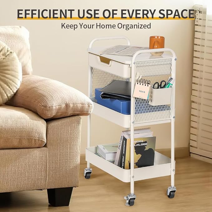 CRUDATE 3-Tier Rolling Cart with Drawer, Metal Utility Storage Cart Organizer with Lockable Wheels&Hanging Cups&Hooks, Mobile Storage Craft Carts Trolley with Mesh Shelves for Kitchen, Office-White