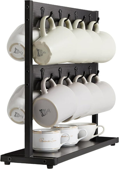 IBUYKE Wood Coffee Mug Holder for Countertop,16 Hook Mug Tree Holder Rack with Storage Base,Mug Display Organizer,Mug Holders for Home Kitchen,Black UTBJ001B