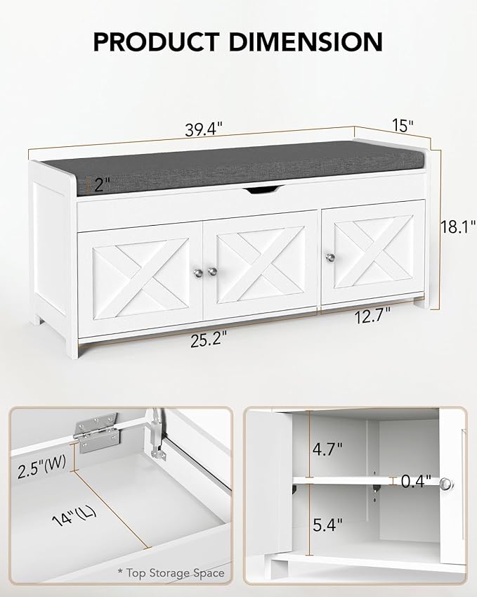 Amada Shoe Storage Bench, Entryway Bench with Cushioned Seat & Lift Top Storage, 3 Doors, Adjustable Shelf, 300 lbs Capacity, Bench with Shoe Rack for Entryway, Bedroom, Living Room, White