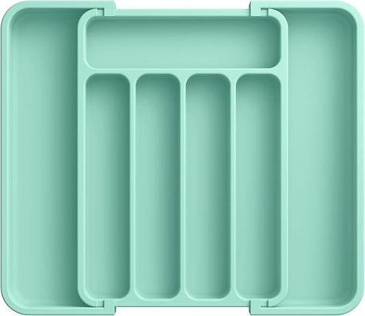 Aujen Silverware Organizer - Expandable Kitchen Drawer Organizer, Adjustable Utensil Organizer, Cutlery Tray for Forks, Knives, Multipurpose Kitchen Organizers and Storage Solution, Green, Medium