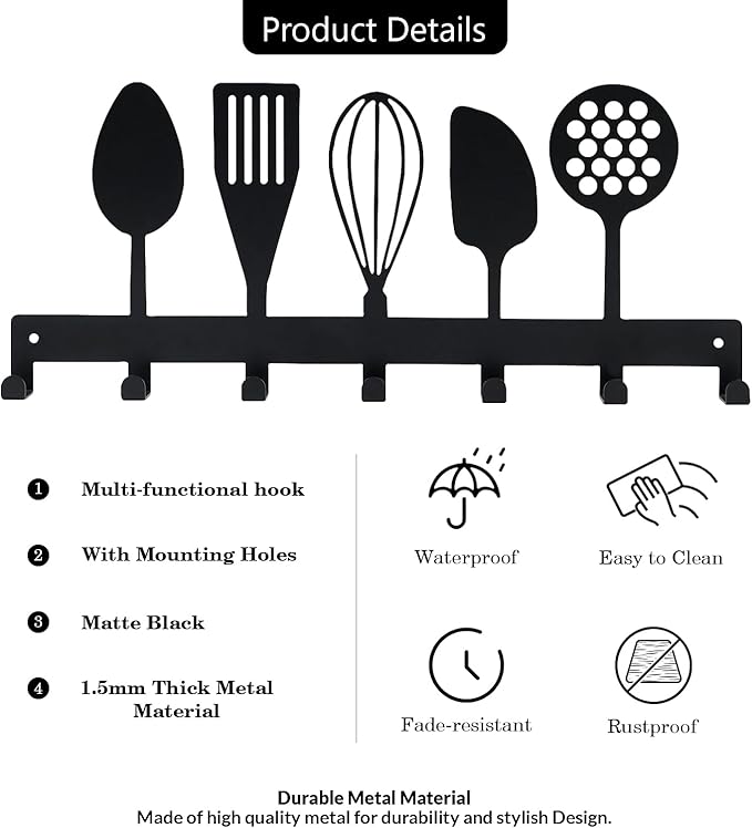 Metal Key Holder, Wall Mounted Key Hooks, Key Holder for Wall, Key Organizer Rack with 7 Hooks, Key Hanger Decor for Kitchen, Entryway, Hallway, Bedroom, Doorway (Cookware 12IN)