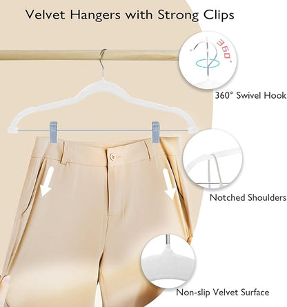 ManGotree Pants Hangers with Movable Clips, Non-Slip Velvet Skirt Hangers, Space-Saving Clothes Hangers for Pants, Skirts, Shirts, Coats, Dresses (18 Pack, White)
