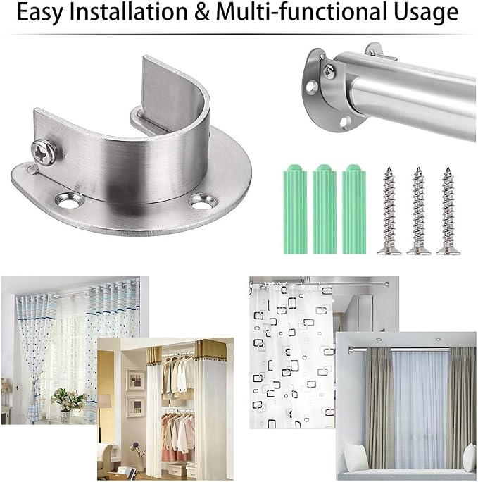 OwnMy 4 Packs Closet Rod End Supports Brackets 1-1/2" Diameter, U Shaped Stainless Steel Closet Pole Sockets Flange Rod Holder for Closet Wardrobe Shower Curtain (Silver Tone)
