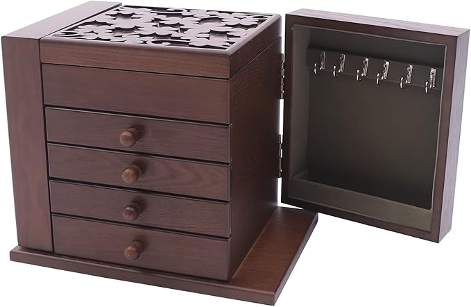 Wooden Jewelry Box for Women, 5-Layer Wooden Jewelry Organizer Boxes with 4 Drawers, Vintage Solild Wood Storage CaseJewelries, Watches, Necklace, Ring (Dark Brown)