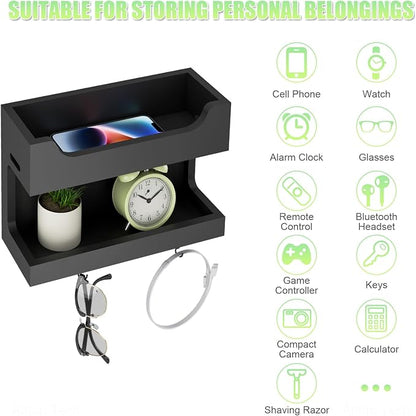 NiHome Wall Mounted Wooden Bedside Accessories Organizer, Double Tray Bedside Storage Shelf Rack with Magnetic Hooks, Bedroom Dorm RV Wall Caddy Holder for Phone Glasses Alarm Clock Remote (Black)