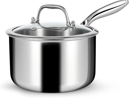 EWFEN 3 Ply Stainless Steel Saucepan with Lid, 2 Quart Multipurpose Cooking Pot, Stay-Cool Handle, Induction Oven Dishwasher Safe, 2 QT