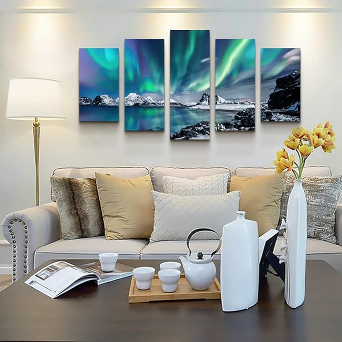 Large Wall Decor For Living Room Canvas Wall Art For Bedroom Blue Aurora Scenery Paintings Modern Canvas Art Prints Ready To Hang Office Pictures For Home Wall Decorations Artwork 5 Piece Set