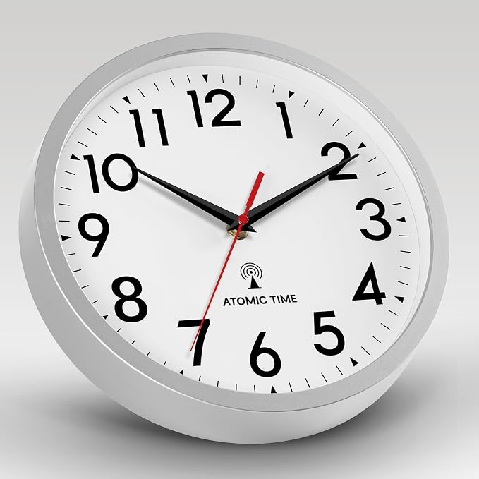 DAXSMY Atomic Wall Clock Analog 10 Inch Battery Operated Modern Decorative for Living Room Kitchen Office Bedroom Bathroom(Silver)