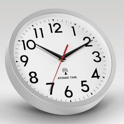 DAXSMY Atomic Wall Clock Analog 10 Inch Battery Operated Modern Decorative for Living Room Kitchen Office Bedroom Bathroom(Silver)