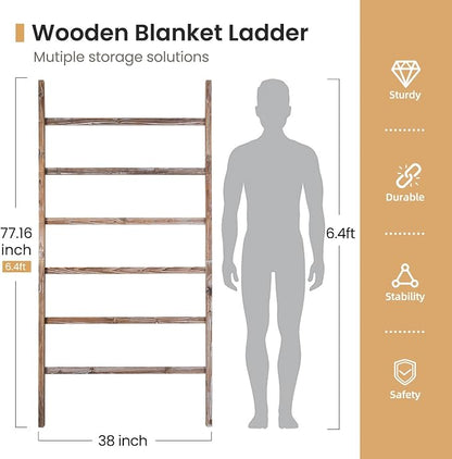 SwaaVee Quilt Ladder 6-Tier Towel Rack, Wooden Decorative Blanket Ladder Shelf for Home Decor, Wall Leaning Farmhouse Quilt Display Towel Holder Organizer for Living Room, Bathroom (38" Wide)