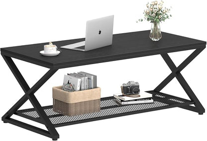 LVB Black Coffee Table, Metal Wood 2 Tier Center Tables with Storage Shelf, Modern Rectangular Cocktail Tea Table for Living Room, Wooden Middle Concrete Table for Office Bedroom, 39 inch, Black Oak