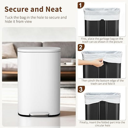 PayLessHere Stainless Steel Trash Can with Lid - Removable Inner Bucket, Foot Pedal Soft Close for Office, Home, Kitchen (White, 13 G)
