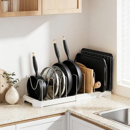 MUDEELA Pots and Pans Organizer under Cabinet, Expandable Rack with Pot Lid Holder and 10 Adjustable Dividers, Pan Organizers inside Cabinet for Kitchen Organization, Cutting Boards, Baking Sheets
