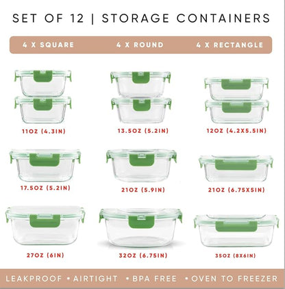 JoyJolt 24pc Borosilicate Glass Storage Containers with Lids | 12 Airtight/Freezer Safe Food Storage Containers for Pantry and Kitchen | Meal Prep Container for Lunch | Glass Tupperware Set