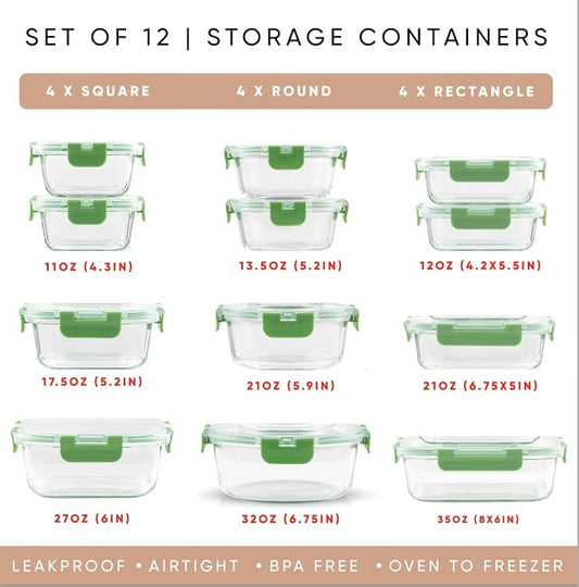 JoyJolt 24pc Borosilicate Glass Storage Containers with Lids | 12 Airtight/Freezer Safe Food Storage Containers for Pantry and Kitchen | Meal Prep Container for Lunch | Glass Tupperware Set