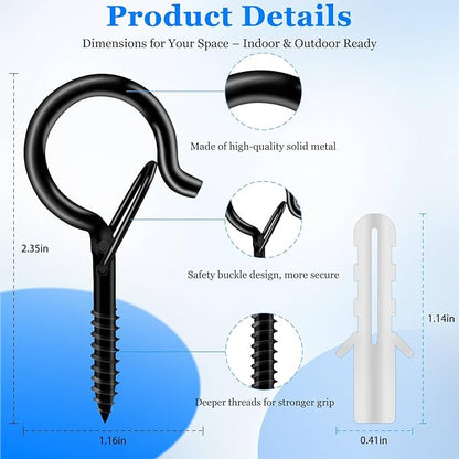 24 Pack Black Screw Hooks with Safety Buckle - 2.3 Inch Rustproof Eye Ceiling Hooks for Hanging Plants,Outdoor String Lights,Baskets,Christmas Lights & Decor,40lb Capacity (24, Black)