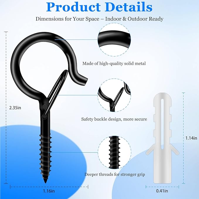 6 Pack Black Screw Hooks with Safety Buckle - 2.3 Inch Rustproof Eye Ceiling Hooks for Hanging Plants,Outdoor String Lights,Baskets,Christmas Lights & Decor,40lb Capacity (6, Black)