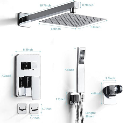 Chrome Shower System 8 Inch, Rain Shower Head with Handheld Spray, Luxury Rain Shower Set Square Wall Mount for Bathroom with Rain Shower and Handheld Shower System