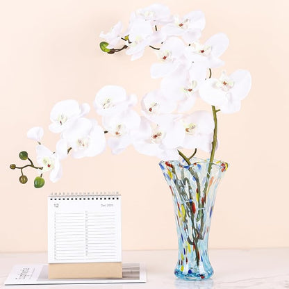 9.0" H Aqua Glass Vases for Flowers, Unique Hand Blown Glass Vase Aqua Home Decor, Wide Mouth Colorful Flower Vase Centerpieces, for Living Room Table Bookshelf, Bathroom Office Shelf Decorative