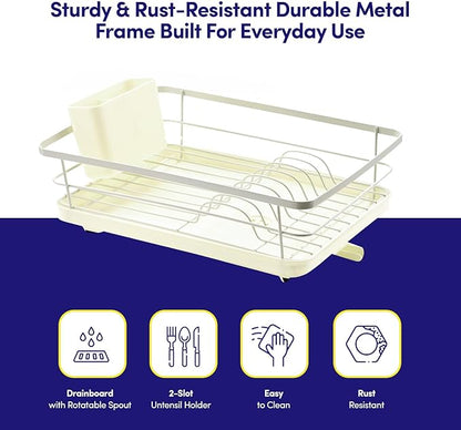 Dish Drying Rack 3 Piece Dish Drainer with Drainboard Set for Kitchen Counter – Dish Rack with Removable Utensil Holder & Swivel Spout for Countertop – DishRack for Plates, Cups & More, Ivory