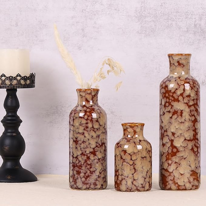 Ceramic Vase Set - 3 Crack Brown Small Vases, Farmhouse Country Flower Vase Home Decor, Living Room Decoration, Table Decoration, Fireplace Decor, and Entrance Decorations Centerpieces