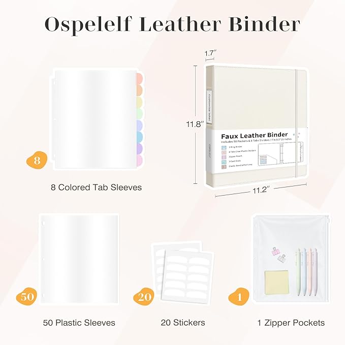 Ospelelf Leather Binder with 58 Plastic Sleeves, 3 Ring Presentation Binder for 8.5x11, Portfolio Organizer with 8 Tabbed Sleeves & Zipper Pocket for Documeents, Artwork, Certificates Beige