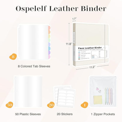 Ospelelf Leather Binder with 58 Plastic Sleeves, 3 Ring Presentation Binder for 8.5x11, Portfolio Organizer with 8 Tabbed Sleeves & Zipper Pocket for Documeents, Artwork, Certificates Beige