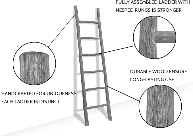 FUIN Fully Assembled 6ft Wood Blanket Ladder Living Room Decorative Wall Leaning Farmhouse Quilt Display Holder Rustic Wooden Towel Rack for Bathroom, Light Gray & Whitewashed