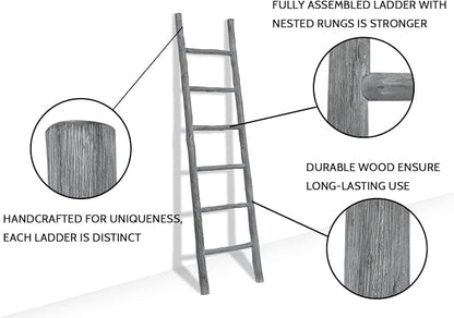 FUIN Fully Assembled 6ft Wood Blanket Ladder Living Room Decorative Wall Leaning Farmhouse Quilt Display Holder Rustic Wooden Towel Rack for Bathroom, Light Gray & Whitewashed