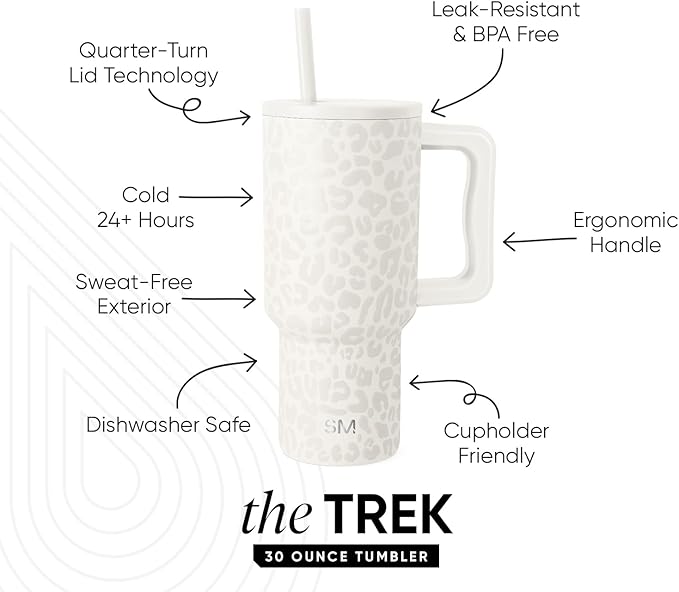 Simple Modern 30 oz Trek Tumbler with Handle and Straw Lid | Cup Holder Friendly Insulated Stainless Steel Travel Mug | Cream Leopard