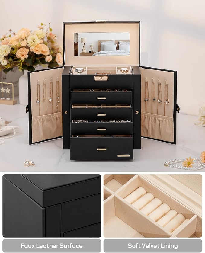 Homde Mothers Day Gifts Synthetic Leather Huge Jewelry Box Mirrored Watch Organizer Necklace Ring Earring Storage Lockable Gift Case (Black + Gold)