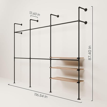 pamo Industrial Pipe Clothing Rack with Shelf – Wall Mounted Black Closet System in Powder-Coated Steel – 116.54" W × 87.4" H – Easy Setup – Ideal for Walk-In Closets & Retail Use