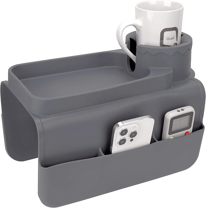 Silicone Couch Caddy for Wide Arms (6-12") with Cup Holder & Deep Sofa Remote Pockets - Anti-Slip Couch Arm Tray Table for Drinks, Phone, Snacks - Living Room Organizer (Gray)