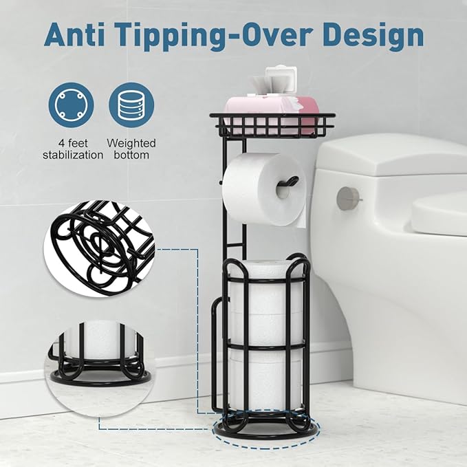 [Upgrade] Toilet Paper Holder Stand with Shelf Tissue Holders for Bathroom Free Standing Bath Tissue Roll Holder Magazine Rack for Mega Rolls/Phone/Wipe-Black