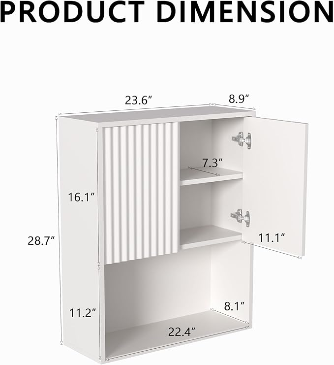 Fluted Bathroom Wall Cabinet Over The Toilet Storage,Wall Mounted Cabinet with Adjustable Shelf,Floating Cabinet Organizer Hanging Cabinet,Kitchen and Laundry Room Cabinets (White,1 PC)
