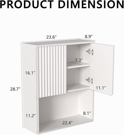 Fluted Bathroom Wall Cabinet Over The Toilet Storage,Wall Mounted Cabinet with Adjustable Shelf,Floating Cabinet Organizer Hanging Cabinet,Kitchen and Laundry Room Cabinets (White,1 PC)
