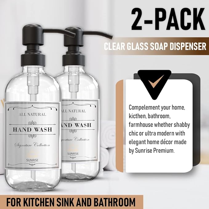 Sunrise Premium 2 Pack Clear Glass Soap Dispenser 16 OZ with Matte Black Stainless Steel Pump, Hand and Dish Soap Dispenser Set for Bathroom and Kitchen Sink with 6 Waterproof Labels