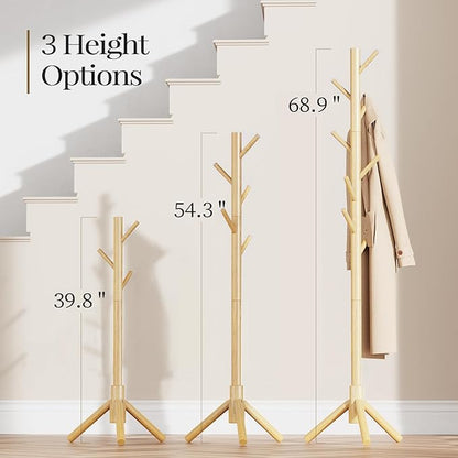 Pipishell Solid Wooden Coat Rack Freestanding, Hall Tree with 8 Hooks, 3 Height Options for Coats, Hats, Handbags, and Scarves, Tool-Free Assembly, Space Saving Design for Entryway, Office, Bedroom